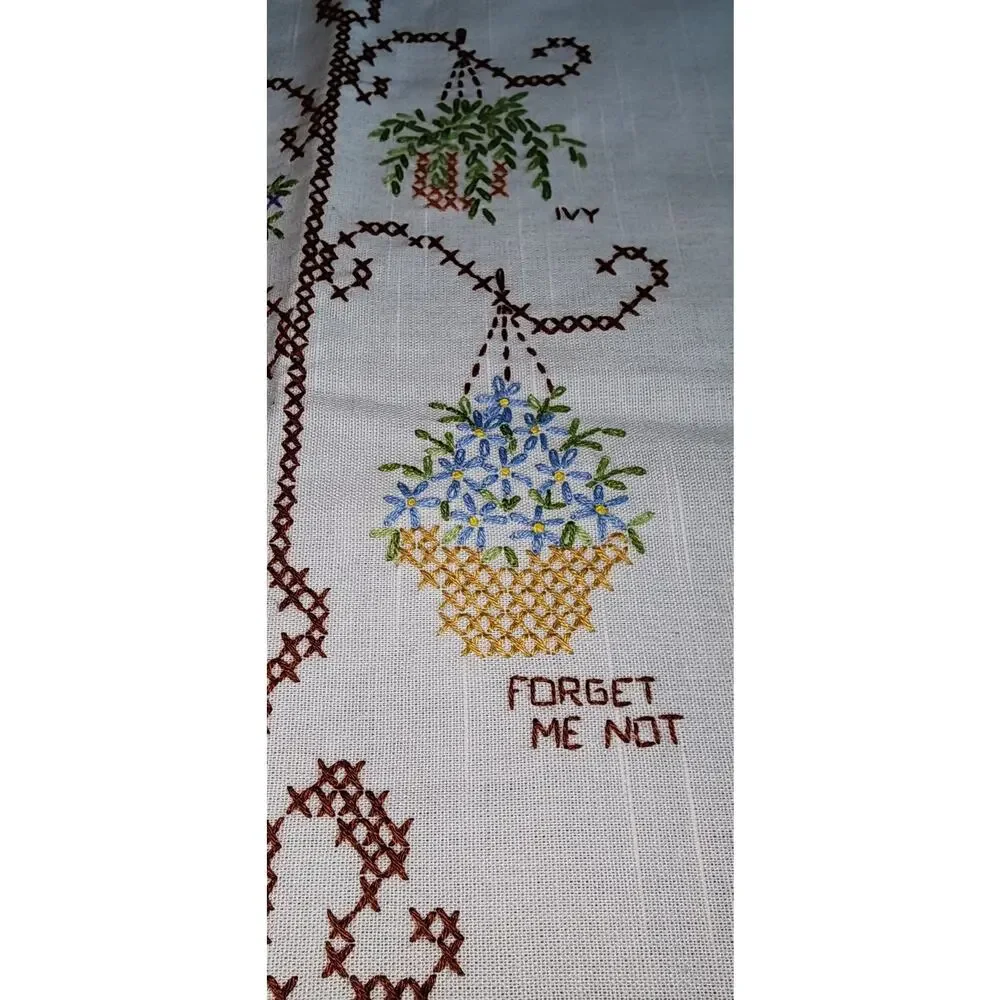Vintage Hand Embroidered Linen Curtain Panel Hanging Flower Basket Cottagecore